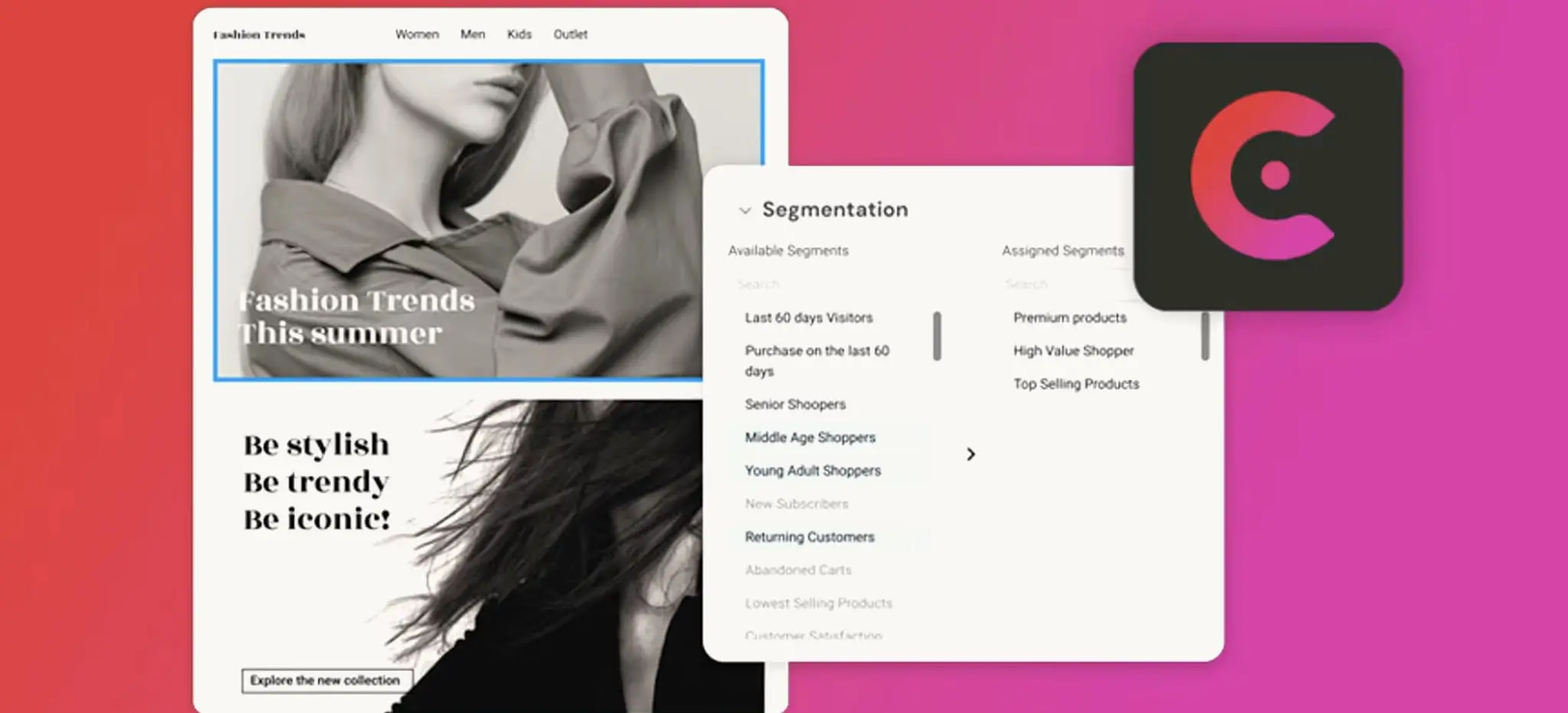 CoreMedia-platformschermen: een storefront-preview van een modewinkel naast een klantsegmentatiepaneel, met het CoreMedia-beeldmerk